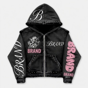 Custom <b>Men</b> Black Distressed Zip Oversized 100% Cotton Hoodie Y2K Streetwear Punk Rhinestone <b>Studded</b> Frayed Hem Cherub Graphic - Product Image 5