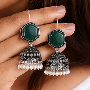 Green Onyx Stone Brass Oxidized <b>Silver</b> Jhumka Drop Ethnic Bohemia <b>Dangle</b> <b>Earrings</b> Handmade Pearl Women Wholesale Jewelry - Product Image 1