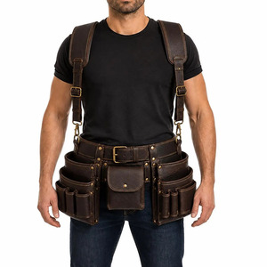 Ceinture porte-outils en cuir robuste pour constructeurs, avec plusieurs compartiments, coutures durables, boucle sécurisée et support pour marteau. - Product Image 3