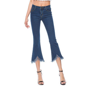 Pantalon en jean évasé taille haute pour femme, grande taille, longueur cheville, effet usé, ourlet effiloché, coupe ajustée, couleur unie, fermeture boutonnée, style décontracté - Product Image 2