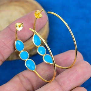 Pendientes de Aro en Espiral con Turquesa Azul Natural en Forma de Pera, Chapados en Oro de 18k sobre Plata de Ley 925 - Product Image 3