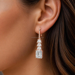 Baguette & <b>Emerald</b> Cut Lab Grown Diamond Earrings in Rose Gold Luxury Elegant <b>Stud</b> Earrings for Women Bridal Anniversary Gift - Product Image 1