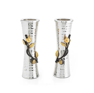 Luxury 3-Piece Metal Candle Holder Set Silver Taper Candlestick with Gold Leaf Accents Hammered Rectangular <b>Tray</b> for Wedding - Product Image 3