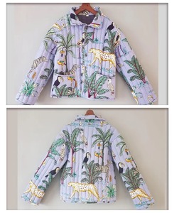 Veste matelassée réversible en coton pour filles, imprimé animal, poche avant tricotée, manches trois quarts, col rabattu - Product Image 3
