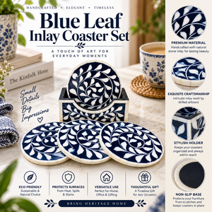 <b>Blue</b> Leaf Inlay Coaster Set with Holder for Tea Coffee Cups | Round Decorative Drink <b>Mats</b> for Dining <b>Table</b> Home Decor and Gifts - Product Image 2