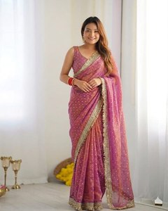 Sari de Seda Organza Rosa Rivaayat House con Borde Bordado Zari, Moderno, Largo hasta el Suelo, para Bodas y Fiestas, Ropa Étnica para Mujer - Product Image 4