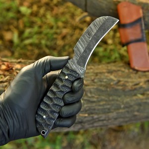 Cuchillo de Bushcraft de Acero de Damasco Forjado a Mano, Mango de Madera Pakka, Espiga Completa, Tipo Hawkbill, con Funda de Cuero, OEM Personalizado - Product Image 4