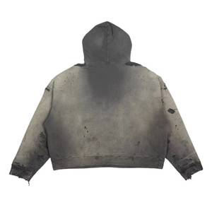 Sweat à capuche homme streetwear surdimensionné déchiré de haute qualité, effet délavé soleil, vieilli, vintage, délavé à l'acide, 100% coton, pour l'hiver - Product Image 2
