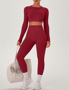 Seamless Yoga Set <b>Women</b> High Waist <b>Leggings</b> Crop Top Full Sleeve Sport Wear Two Piece Gym Outfit Stretchable Activewear - Product Image 1