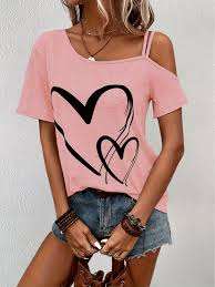 Womens Blouse Cotton Summer <b>Heart</b> Print Off Shoulder Lace Trim Floral Applique Breathable Long Casual <b>Sweet</b> Top - Product Image 3