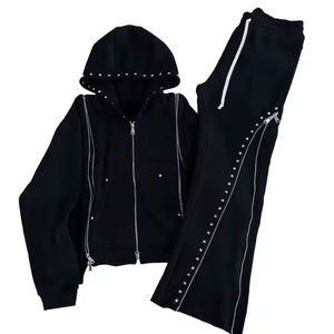 Women's Black <b>Hooded</b> Tracksuit Set Full Zipper Rhinestone Trim Casual Solid Color Autumn Wear - Product Image 6