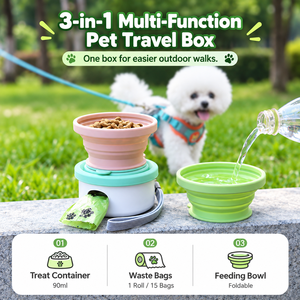 Caja de Viaje Portátil 3 en 1 para Mascotas con Contenedor para Premios, Tazón Plegable para Comida y Dispensador de Bolsas para Excrementos para Pasear Perros - Product Image 1