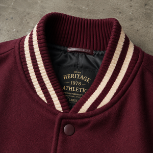 <b>Men's</b> Burgundy Varsity <b>Jacket</b> With Leather Sleeves Preppy Style Autumn Wear Turn-down Collar Button Closure - Product Image 4