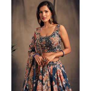 Lehenga Choli en Organza Imprimé Fleurs Bleues Semi-Couture Zeel Clothing - Product Image 3