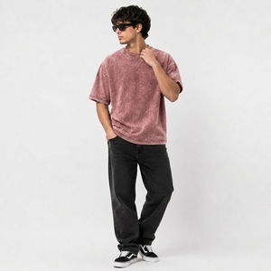T-shirts décontractés pour hommes, effet délavé, style vintage, coton, coupe ample, col rond personnalisé, manches courtes - Product Image 1