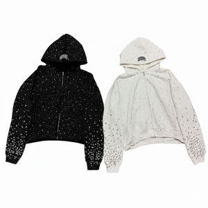 Sudadera con capucha y cremallera en blanco y negro de calidad premium para hombre, con pedrería personalizada, informal, 100% algodón, forro polar, 450 g/m² - Product Image 4