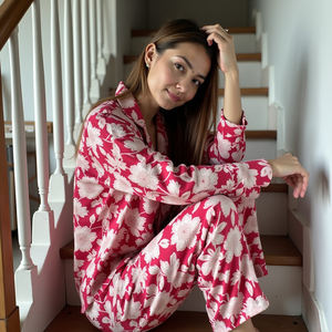 Bloom Loungewear Set Soft Viscose Full Sleeve <b>Top</b> and Elastic Pants in <b>Pink</b> Artisan Floral Print design comfort PJ set for <b>women</b> - Product Image 4