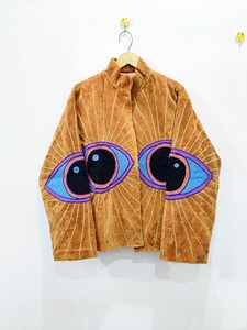 Chaqueta Vintage de Terciopelo Marrón Bordada con Patrón de Ojos, Manga Larga, Cuello Alto, Estilo Bohemio, Ropa de Abrigo de Invierno para Mujer - Product Image 1