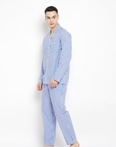 Ensemble de pyjama pour homme à manches longues rayé bleu et blanc en coton, vêtements de nuit décontractés avec poche, pour le printemps - Product Image 3