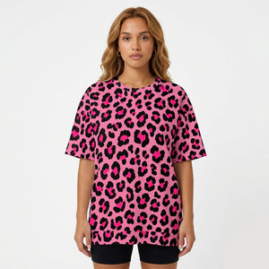 Camiseta Oversize de Mujer con Estampado de Leopardo Rosa, Holgada, Transpirable, con Hombros Caídos, Cuello Redondo, Manga Corta, Estilo Casual - Product Image 1