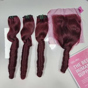 Factory Price 100% Raw Virgin Vietnamese Human Weft Lace Wig Spring Curl <b>Burgundy</b> Color Super Double Drawn Hair Extensions - Product Image 1