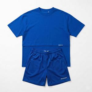 Ensemble short et t-shirt en maille pour homme, bleu roi, épaules tombantes, survêtement 2 pièces, tenue de sport respirante, coupe oversize unie - Product Image 5