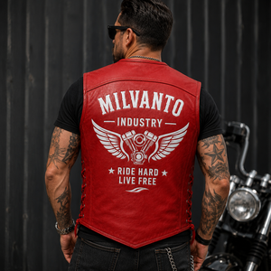 Gilet de moto pour homme en cuir véritable 100% |   Gilet de motard rouge personnalisé avec patchs brodés, design à lacets latéraux et multiples fermetures éclair - Product Image 3