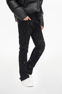High Quality Cotton Men <b>Jeans</b> American Highstreet Brand Hiphop Mid-Rise Flare Fit Ruffles Corn Ring Black Wash Men's Denim <b>Jeans</b> - Product Image 2