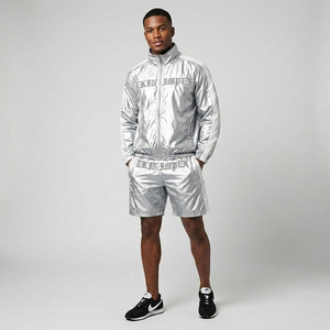 Custom OEM Silver Metallic Tracksuit Set Men Satin Shiny Windbreaker <b>Jacket</b> with Shorts <b>Gothic</b> Embroidery Logo Streetwear - Product Image 3