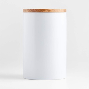 Modern Ceramic Storage Canister Wooden Lid Vertical <b>Fluted</b> Design Airtight Kitchen Jar Minimalist Countertop Organizer - Product Image 6