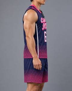 Conjunto de Camiseta de Baloncesto para Hombre, Azul Marino y Rosa, Impresión Serigráfica, Algodón Transpirable, Marca Personalizada, Detección de Agujas, Fusión sin Costuras, Adulto - Product Image 4