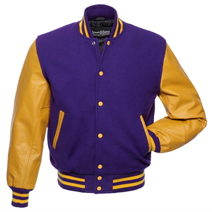 Chaqueta Varsity Unisex Morada y Amarilla, Mezcla de Lana, Manga de Cuero, Diseño 2 en 1, Ropa de Invierno para Deportes Universitarios - Product Image 1