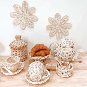 Jouet en rotin pour enfants imaginatifs, jeu de théière et de tasses, théière et tasses en rotin naturel faites à la main, jouets pour enfants et bébés - Product Image 2