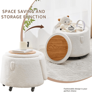 Pouf Contenitore Rotondo in Velluto Teddy Bianco con Ruote, Poggiapiedi Comodo per Toeletta e Ingresso, Arredo per la Casa - Product Image 3