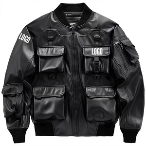 Chaqueta de Motociclista de Cuero PU Negra para Hombre, con Múltiples Bolsillos, Cierre de Cremallera, Cuello Camisero, Corte Regular - Product Image 1