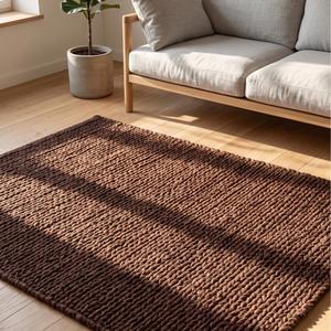 Textured Dark Brown Solid Color Wool Area <b>Rug</b>, Handcrafted Loop Pile, <b>Rustic</b> Modern Decorative Design for Living Room Bedroom - Product Image 3