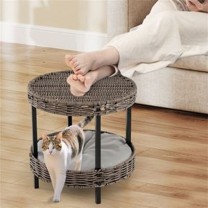 2-Tier Rattan Cat Bed with Washable Padded Cushion Metal Legs Gray Finish-66 Lbs Total Capacity Pet Beds - Product Image 5