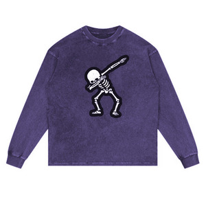 Dabbing <b>Skeleton</b> Long Sleeve T-Shirt Unisex Crew Neck 100% Cotton Loose Fit All Seasons Green Pattern Front Print - Product Image 3