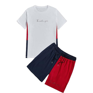 Ensemble T-shirt blanc à col rond pour homme avec short bicolore rouge et bleu marine, séchage rapide, tenue décontractée d'été - Product Image 1