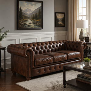 Sofá Chesterfield de Cuero Marrón Premium de 3 Plazas con Brazos Enrollados y Respaldo con Botones, Muebles Elegantes para Sala de Estar - Product Image 1