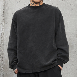 T-shirt con foro di cotone Oversize lavata t-shirt <span class=keywords><strong>Vintage</strong></span> tinta unita Casual atletico Anti strizzacervelli <span class=keywords><strong>camicie</strong></span> a maniche lunghe da uomo - Product Image 1