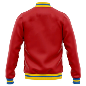 Chaqueta Universitaria Roja con Ribete a Rayas Azules y Amarillas, Logotipo Personalizado - Product Image 2