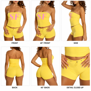 Conjunto de Top Corto sin Tirantes y Pantalones Cortos Casuales para Mujer, Color Sólido, Personalizado |   Conjunto de Dos Piezas para el Verano |   Conjunto de Ropa Ajustada Elástica - Product Image 6