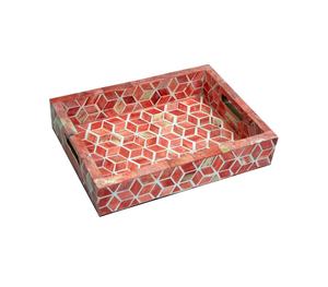 Bandeja de Servir Rectangular Decorativa de Lujo Hecha a Mano con Incrustaciones de Hueso en Patrón Cúbico 3D Naranja y Blanco, Elegante y Moderna para Café - Product Image 1