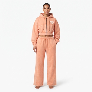 Ensemble sweat à capuche court zippé avec poche kangourou et cordon de serrage, et pantalon de jogging large, délavé à l'acide, pour femme, vente en gros personnalisée - Product Image 4