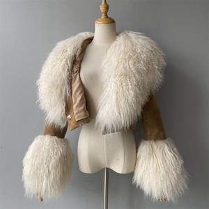 Veste en cuir d'agneau véritable de luxe, courte, douce, avec grand col en fourrure de mouton de Mongolie, sur mesure, pour femmes, en daim d'agneau, pour l'hiver - Product Image 5