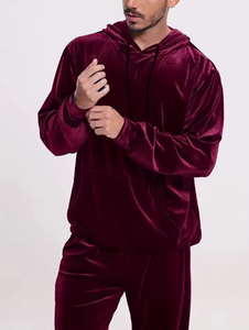 Survêtement à capuche en velours bordeaux pour homme, couleur unie, décontracté, pour l'hiver, avec poches latérales et cordon de serrage - Product Image 1