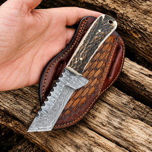 Couteau de chasse artisanal en acier Damas avec manche en corne, lame fixe, fourreau en cuir - Product Image 6
