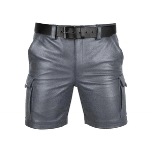 <b>Men's</b> Gray <b>Leather</b> Cargo <b>Shorts</b> Mid-Waist Zipper-Fly Moto Biker Style With Side-Pockets Solid-Color <b>Short</b> Length - Product Image 2