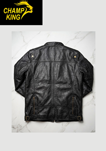 CHAMP KING เสื้อแจ็คเก็ตหนังสีดำสำหรับผู้ชาย ปกพับลงได้ ปิดด้วยซิป - Product Image 5